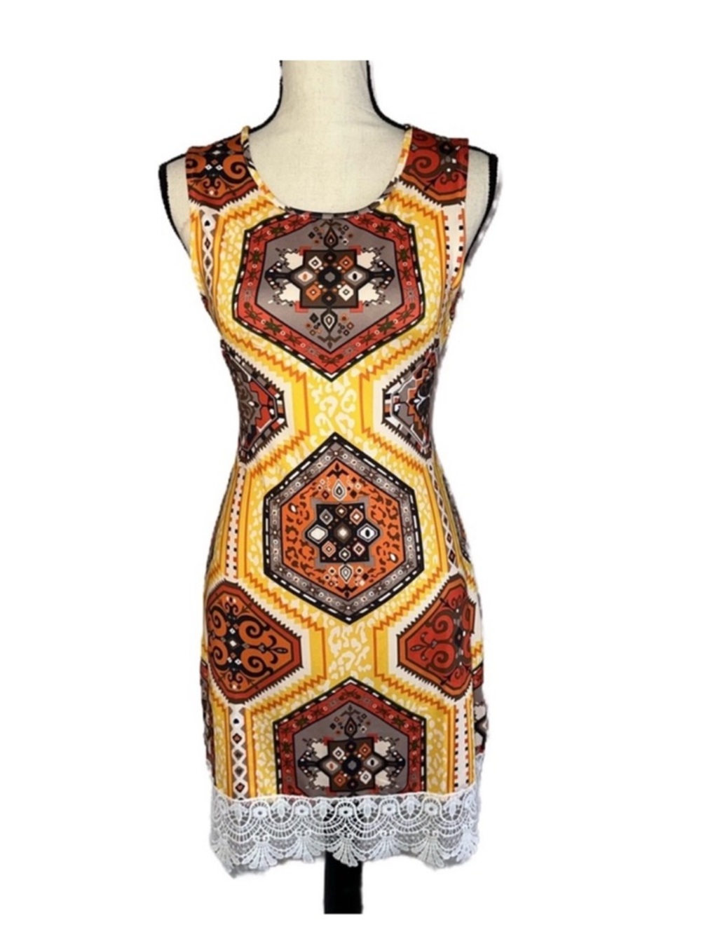 White Mark Yellow & Brown Geo Print Lace-Hem Mini Dress